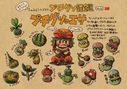  .hack// .hack//games 1boy :q aqua_hair brown_background brown_gloves brown_shoes canvas_texture cherry closed_mouth commentary_request crossed_legs dot_nose egg food food_with_face frown fruit gloves grunty_food hair_between_eyes hat hatching_(texture) head_down kite_(.hack//) linear_hatching looking_at_viewer makoto_miyoshi male_focus marking_on_cheek mushroom numbered onion orange_hat orange_pants orange_shirt pants plant pumpkin shirt shoes simple_background sitting solid_oval_eyes speech_bubble tongue tongue_out translation_request turnip vegetable watermelon 