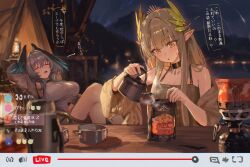  2girls absurdres aqua_feathers aqua_wings arknights armpits backpacking_stove bare_shoulders black_choker blush breasts brown_hair brown_shirt camping camping_chair chair chat_log choker coat commentary cooking cooking_pot crossed_legs elf feathered_wings folding_chair gradient_feathers grey_hair hair_between_eyes hair_ornament head_wings highres ho'olheyak_(arknights) holding holding_kettle infection_monitor_(arknights) kettle lamp large_breasts laurel_crown laurels livestream long_hair medium_hair mole mole_under_eye muelsyse_(arknights) multiple_girls night open_mouth outdoors pointy_ears portable_stove pouring recording shirt snake_girl speech_bubble super_chat tent thermos translation_request two-tone_feathers two-tone_wings uof white_shirt wings yellow_eyes 
