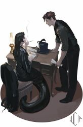  1boy 1girl arm_support artist_logo black_hair black_jacket black_scales black_shirt black_shoes black_vest brown_hair chair cigarette coattails commentary dangle_earrings desk earrings grey_shirt hand_on_own_chin hat hat_feather highres holding holding_paper jacket jewelry lamia leaning_forward letter lipstick logo long_hair looking_at_another lucia_hsiang makeup mole mole_under_eye monster_girl oil_lamp original paper red_lips shirt shoes short_hair simple_background sitting sleeves_rolled_up smoking tailcoat top_hat untranslatable_commentary unworn_hat unworn_headwear unworn_jacket vesper_moreau_(lucia_hsiang) vest wax_seal white_background 