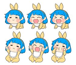  1girl aged_down all_fours baby blue_hair bob_cut bodysuit bow clenched_hands closed_eyes erkaz hands_on_own_cheeks hands_on_own_face headband headband_ribbon highres medium_hair multiple_expressions multiple_persona open_mouth original outstretched_arms ribbon rina_atherina simple_background sitting smile solo squeezing_cheeks white_background yellow_bodysuit yellow_bow yellow_headband yellow_ribbon 