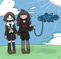  2girls absurdres animal ashenov ashenov_(character) black_sailor_collar black_serafuku black_shirt black_skirt black_socks blue_eyes blush bow bowtie brown_hair chain closed_eyes closed_mouth clouds coelacanth commentary day english_commentary fish floating flying_fish full_body gexuma_(character) grey_pantyhose heart highres holding holding_leash kneehighs leash long_hair long_sleeves multiple_girls neckerchief original outdoors pantyhose pleated_skirt red_bow red_bowtie sailor_collar school_uniform serafuku shirt short_hair side-by-side skirt sky socks standing sun white_neckerchief white_sailor_collar 