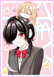  2girls aizawa_honami black_hair blazer blonde_hair bow bowtie chibi closed_eyes closed_mouth collared_shirt double-parted_bangs ghost ghost_girl hair_between_eyes hair_intakes hair_over_one_eye half_updo heart highres jacket koga_school_uniform kurotori_michi long_hair looking_at_viewer magic_circle mietemasu_yo!_aizawa-san mini_person multiple_girls on_head one_eye_covered pink_background red_bow red_eyes school_uniform shirt short_hair simple_background smile star_(symbol) sweater_vest triangular_headpiece unohana126598207 upper_body white_shirt yuri 