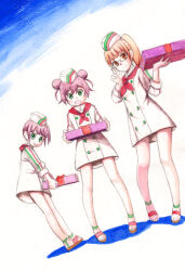  3girls adjusting_eyewear alternate_eye_color alternate_hair_color blonde_hair commentary_request double_bun dress dutch_angle gift glasses green_eyes hair_bun holding holding_gift manaka_laala manaka_laala_(normal) manaka_non manaka_non_(normal) matsubara_tsuyoshi minami_mirei minami_mirei_(normal) multiple_girls neckerchief open_mouth orange_eyes painting_(medium) pink_hair pretty_series pripara red_neckerchief sandals short_dress side_ponytail smile traditional_media watercolor_(medium) 