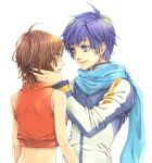  blue_hair brown_eyes brown_hair himekawa_donki kaito meiko scarf short_hair simple_background smile tears vocaloid 