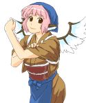  apron brown_eyes clenched_hand fist head_scarf japanese_clothes masukishi mystia_lorelei obi oekaki okamisty pink_hair propaganda rosie_the_riveter short_hair simple_background sleeves_rolled_up smile solo touhou wings 