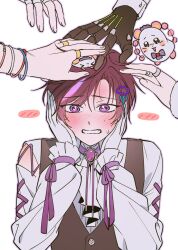  0129x0501 5boys afterimage ascot black_vest blush bracelet brooch clothing_cutout cloud_hair_ornament commentary_request cross-laced_clothes cross-laced_sleeves fangs fingernails full-face_blush gloves hair_ornament hands_on_own_head hands_up highres iro_cloud jewelry korean_commentary koyo_tempest long_sleeves looking_down male_focus mole mole_under_eye mouse_(animal) multiple_boys multiple_rings nino_sunday oto_rainy out_of_frame outline parted_bangs purple_hair purple_outline purple_ribbon ribbon ring robo_frostor short_hair shoulder_cutout simple_background skoshism sleeve_ribbon solo_focus surrounded_by_hands sweatdrop upper_body vest violet_eyes waistcoat white_ascot white_background white_gloves white_mouth 