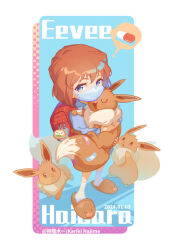  1girl :3 :d artist_name backpack bag bag_charm bandaged_arm bandages bandaid bandaid_on_tail blue_background blue_dress blue_eyes blue_mask blush brown_hair brown_slippers character_charm character_name charm_(object) closed_eyes collared_dress commentary_request crossover dated diglett dress eevee full_body haibara_ai happy holding holding_pokemon kariki_hajime looking_at_another looking_at_viewer looking_up mask meitantei_conan mouth_mask pill pokemon pokemon_(creature) pout randoseru rowlet short_hair slippers smile socks speech_bubble spoken_object standing surgical_mask themed_object thought_bubble white_background white_socks 
