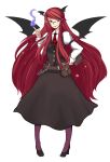  book canitama earrings fire glasses head_wings headwings highres jewelry koakuma long_hair pantyhose pointy_ears red_eyes red_hair redhead touhou transparent_background wings 