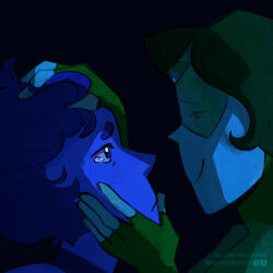  2girls black_background blue_hair blue_skin colored_skin commentary english_commentary from_side gem_(steven_universe) highres lapis_lazuli_(thefaeriemerchant) multiple_girls original peridot_facet_6c4t_cut_2xj sketch steven_universe thefaeriemerchant upper_body yuri 