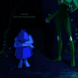  2girls barefoot blue_hair blue_skin bracelet colored_skin commentary english_commentary fingerless_gloves full_body gem_(steven_universe) gloves highres homeworld_gem_uniform jewelry lapis_lazuli_(thefaeriemerchant) lower_body multiple_girls original outdoors peridot_facet_6c4t_cut_2xj sitting sketch standing steven_universe thefaeriemerchant 