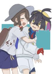  1boy 1girl :d backpack bag black_hair blue_shirt blush braid brown_bag brown_hair closed_eyes collared_shirt commentary_request gloves grey_hat hair_between_eyes hairband hat highres hug hug_from_behind jacket juliana_(pokemon) kieran_(pokemon) lucria necktie open_mouth pokemon pokemon_scarlet_and_violet red_gloves red_necktie shirt short_sleeves shorts single_glove smile yellow_hairband 
