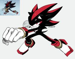  1boy absurdres animal_nose anklet armlet black_fur body_fur clenched_hand dynamic_pose furry furry_male gloves gold_armlet hedgehog_boy highres hyeon_sonic jewelry red_eyes shadow_the_hedgehog shoes short_tail sonic_(series) sonic_generations sonic_x_shadow_generations striped_fur tail two-tone_fur white_background white_gloves white_shoes 
