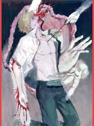  1boy 1girl black_pants blonde_hair blood blood_from_forehead blood_on_arm blood_on_mouth blood_on_weapon chainsaw chainsaw_man collarbone commentary denji_(chainsaw_man) grenade_pin highres intestines jacket kneeling makima_(chainsaw_man) multiple_weapons open_clothes open_hands open_jacket out_of_frame pants parted_lips pectorals pull_cord red_hair reze_(chainsaw_man) ringed_eyes shichimi_enci short_hair untranslatable_commentary weapon white_jacket yellow_eyes 