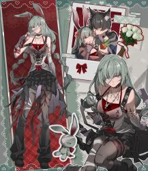 1boy 1girl absurdres alternate_costume anger_vein animal_ears bandage_over_one_eye bare_shoulders black_skirt black_socks braid breasts carrot check_clothing closed_mouth clothing_request green_hair grey_eyes grey_pantyhose heterochromia highres holding holding_carrot jourming kemonomimi_mode long_hair looking_at_another looking_at_viewer low_twin_braids male_rover_(wuthering_waves) medium_breasts multicolored_hair pantyhose phrolova_(wuthering_waves) rabbit_ears rabbit_girl red_eyes rover_(wuthering_waves) shirt skirt socks streaked_hair stuffed_animal stuffed_rabbit stuffed_toy tacet_mark_(wuthering_waves) twin_braids white_shirt wolf_boy wolf_ears wuthering_waves 