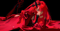  1girl baobhan_sith_(fate) baobhan_sith_(first_ascension)_(fate) commentary_request dress fate/grand_order fate_(series) grey_eyes hair_ornament high_heels highres legs_up long_hair looking_at_viewer lying on_stomach pointy_ears red_dress red_hair shru_(ss_sl99) sidelocks smile solo 
