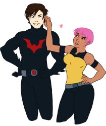  1boy 1girl armband bad_source batman batman_(series) batman_beyond black_armband commentary dc_comics english_commentary hand_on_own_hip highres jessiphia max_gibson pants pinching_ear pink_hair raised_eyebrow terry_mcginnis 