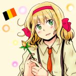  belgium_(hetalia) blonde_hair blue_eyes blush flag flower green_eyes hair_ribbon hairband necktie ribbon shindo smile suspenders 