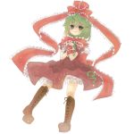  1girl bad_id boots bow cross-laced_footwear dress frills green_eyes green_hair hair_ribbon hand_on_chest hands_on_own_chest highres kagiyama_hina kansaba knee_boots lace-up_boots lace_up_boots light_particles ribbon smile solo touhou transparent_background 