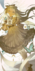  1girl absurdres arm_behind_back black_bow black_gloves black_shoes black_trim blue_butterfly blue_eyes blurry blurry_foreground bow bowtie bug butterfly butterfly_on_hand chest_bow closed_mouth commentary dot_nose dress english_commentary floating_hair frilled_dress frills gloves hair_bow hair_ornament hand_up highres lolita_fashion long_hair looking_at_viewer original pantyhose puffy_short_sleeves puffy_sleeves ribbon shoes short_sleeves solo sparkling_eyes star_(symbol) striped_bow sun_symbol tiptoes two-tone_bow two-tone_bowtie waist_bow white_bow white_dress white_pantyhose white_ribbon yoganeko 
