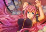  arms_behind_back arms_up bad_id blue_eyes breasts megurine_luka pink_hair solo vocaloid yumigon 