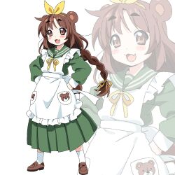  1girl 2000s_(style) animal_ears animal_print apron bear_ears bear_girl bear_print bear_tail bk_(barakoodra) blush_stickers bow braid brown_eyes brown_hair fang frilled_apron frills full_body green_sailor_collar green_shirt green_skirt hairband highres long_skirt long_sleeves looking_at_viewer open_mouth original pleated_skirt ribbon sailor_collar school_uniform shirt skin_fang skirt smile tail white_apron white_background yellow_bow yellow_hairband yellow_ribbon 