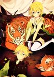  brother_and_sister earrings hair_ornament hairclip ham_(eikasiahhh) jewelry kagamine_len kagamine_rin kneeling lying short_hair siblings skirt smile thigh-highs thighhighs tiger twins vocaloid 