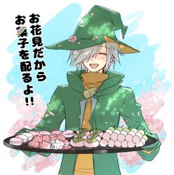  1boy ^_^ ateliermineru cherry_blossoms closed_eyes coat commentary_request dango flower food gloves green_coat green_gloves green_hat grey_hair hair_over_one_eye hanami hat highres holding holding_tray lemres_(puyopuyo) macaron male_focus mochi namagashi nerikiri one_eye_covered open_mouth orange_hat orange_sweater petals pink_flower pink_petals puyopuyo puyopuyo_20th_anniversary sakura_mochi sanshoku_dango smile solo sweater translated tray two-sided_fabric two-sided_headwear upper_body wagashi witch_hat 