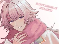  1boy ahoge bandaid bandaid_on_finger bandaid_on_hand character_name commentary_request fragaria_memories hair_ornament hand_up happy_birthday highres jacket light_blush long_hair looking_at_viewer male_focus parted_lips pink_background pink_hair pink_scarf portrait scarf signature smile solo uhan4chan violet_eyes white_jacket willmesh_(fragaria_memories) 