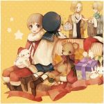  axis_powers_hetalia bad_id blonde_hair dog finland_(hetalia) france_(hetalia) gift hat latvia_(hetalia) male multiple_boys pechika santa_costume scarf sealand_(hetalia) sitting stuffed_animal stuffed_toy united_kingdom_(hetalia) 