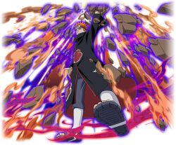  1boy akatsuki_uniform amegakure_symbol black_coat coat forehead_protector grey_pants looking_at_viewer naruto_(series) naruto_shippuuden naruto_shippuuden:_ultimate_ninja_blazing official_art open-toe_boots orange_hair pain_(naruto) pants print_coat rinnegan rock short_hair solo violet_eyes yahiko_(naruto) 