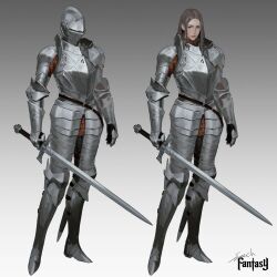 1girl absurdres armlet armor brown_eyes brown_hair chainmail chausses commentary_request counter cuirass cuisses english_text full_armor full_body gambeson gauntlets greaves haute_plate helm helmet highres holding holding_sword holding_weapon jewelry knight looking_at_viewer original pauldrons poleyn rerebrace sabaton shoulder_armor sonech sword weapon 