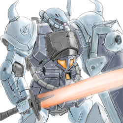  cable commentary_request fusion glowing glowing_hot glowing_sword glowing_weapon gouf gouf_custom gundam gundam_08th_ms_team highres holding holding_sword holding_weapon in-franchise_crossover kuroneko_koubou mecha mecha_focus mobile_suit mobile_suit_gundam no_humans one-eyed_mecha original portrait radio_antenna redesign robot science_fiction shield sword weapon white_background zeon 