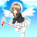  blush brown_hair card_captor_sakura cardcaptor_sakura child fuuin_no_tsue green_eyes hat kinomoto_sakura kuro_minamo magical_girl school_uniform short_hair thighhighs twintails wand white_legwear wings 