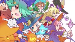  5boys ^_^ albert_(puyopuyo) aqua_hat arms_up ascot ateliermineru black_hat blonde_hair blue_hat blue_shirt brown_cape brown_hat brown_shirt candy cape closed_eyes closed_mouth commentary_request crescent crescent_hat_ornament crescent_print facial_hair familiar fire flask food ghost green_eyes green_hair green_hat green_robe hair_ornament hair_over_one_eye hat hat_ornament head_tilt highres holding holding_candy holding_food holding_lollipop holding_staff lollipop long_hair looking_ahead magic male_focus matthew_(puyopuyo) miriam_(puyopuyo) multiple_boys mustache one_eye_covered open_mouth orange_hat pacifier parted_lips pink_eyes pink_hair potion print_headwear purple_cape purple_hat purple_shirt puyopuyo puyopuyo_quest red_eyes red_hat richard_(puyopuyo) robe round-bottom_flask shirt short_hair simple_background smile staff standing star_(symbol) star_hair_ornament star_print sullivan_(puyopuyo) swirl_lollipop teeth two-sided_fabric two-sided_headwear upper_teeth_only white_ascot white_background white_hair white_shirt witch_hat 