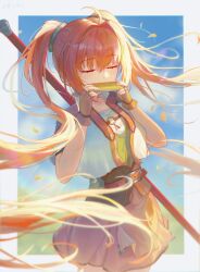 1girl absurdres ahoge belt blush bo_staff brown_belt brown_gloves brown_hair closed_eyes commentary_request cropped_jacket eiyuu_densetsu estelle_bright fingerless_gloves flowingcrescent gloves harmonica highres holding holding_instrument instrument jacket jewelry leather leather_belt leather_gloves long_hair open_clothes open_jacket outside_border short-sleeved_jacket short_sleeves solo sora_no_kiseki sora_no_kiseki_sc staff twintails weapon 