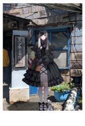  1girl architecture asymmetrical_dress barber_pole bell_sleeves black_bow black_dress black_gloves black_hair blue_eyes blunt_bangs bow building checkered_clothes closed_mouth commentary_request cross-laced_clothes cross-laced_dress day dress east_asian_architecture footwear_bow frilled_dress frills full_body gloves gothic_lolita green_dress grey_hair hand_fan highres hime_cut holding holding_fan hololive hololive_dev_is juufuutei_raden juufuutei_raden_(1st_costume) kurabi_(neijitsu_biyori) lolita_fashion long_hair looking_at_viewer mask multicolored_dress multicolored_hair outdoors pantyhose photo_background plant polaroid_photo potted_plant shade shadow smile solo straight-on straight_hair streaked_hair two-tone_hair variant_set virtual_youtuber white_pantyhose window 