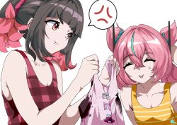  2girls alternate_costume anger_vein aria_(human)_(zenless_zone_zero) aria_(zenless_zone_zero) black_hair brown_eyes closed_eyes closed_mouth collarbone frown highres jpno long_hair looking_at_another medium_hair multiple_girls nangong_yu pink_hair pink_shirt pout red_tank_top shirt simple_background smile spoken_anger_vein sweatdrop tank_top tongue tongue_out white_background yellow_tank_top zenless_zone_zero 