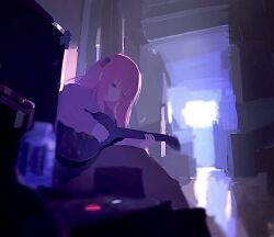  1girl blue_eyes bocchi_the_rock! commentary cube_hair_ornament electric_guitar gotoh_hitori guitar haigjd8hai hair_between_eyes hair_ornament holding holding_guitar holding_instrument instrument jacket long_hair long_sleeves pink_hair pink_jacket pink_track_suit playing_guitar playing_instrument sitting solo track_jacket track_suit untranslatable_commentary 