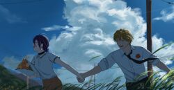  1boy 1girl blonde_hair bouquet breasts chainsaw_man choker closed_eyes clouds cloudy_sky commentary_request couple denji_(chainsaw_man) flower grass hair_bun highres holding_hands necktie pants purple_hair reze_(chainsaw_man) rural shirt short_hair single_hair_bun sky small_breasts upper_body 