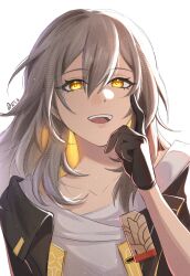  1girl absurdres artist_name axiswilliams black_gloves black_jacket collarbone commentary english_commentary gloves grey_hair highres honkai:_star_rail honkai_(series) jacket long_hair looking_at_viewer open_mouth shirt smile stelle_(honkai:_star_rail) trailblazer_(honkai:_star_rail) white_shirt yellow_eyes 