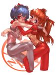  bandages blue_eyes blue_hair cast cropped_legs evangelion:_2.0_you_can_(not)_advance hug long_hair neon_genesis_evangelion plugsuit rebuild_of_evangelion red_eyes red_hair redhead shikinami_asuka_langley short_hair souryuu_asuka_langley takoyaki_neko-san test_plugsuit 