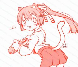  1girl :3 animal_ears artist_logo cat_ears cat_tail collared_shirt commentary_request dress fish_(food) from_behind hair_ribbon halter_dress halterneck highres kantai_collection kazagumo_(kancolle) kemonomimi_mode kutone_shirika logo looking_at_viewer looking_back monochrome ponytail red_theme ribbon shirt solo tail 