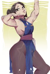  1girl absurdres blue_dress breasts brown_eyes brown_hair brown_pantyhose bruise bruise_on_arm bruise_on_face chinese_clothes chun-li double_bun dress fattcactus hair_bun highres injury pantyhose pelvic_curtain qipao short_hair sideboob sleeveless sleeveless_dress solo street_fighter street_fighter_(2026_movie) thick_thighs thighs torn_clothes torn_dress torn_pantyhose 
