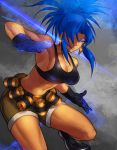  blue_hair breasts cleavage earrings gloves jewelry king_of_fighters large_breasts leona_heidern midriff ookami_(pixiv27280) ponytail shorts sideboob snk thighs 