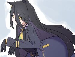  1girl animal_ears belt black_belt black_coat black_gloves black_vest blunt_ends blush coat collared_shirt commentary_request ear_ornament ear_tag earrings fly_dose ghost_pose gloves hair_between_eyes hands_up hem_peeking_out highres horse_ears horse_girl horse_tail jewelry long_hair long_hair_between_eyes long_sleeves manhattan_cafe_(umamusume) necktie open_clothes open_coat parted_lips shirt single_earring solo tail umamusume very_long_hair vest white_shirt yellow_eyes yellow_necktie 