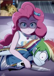  2girls absurdres artist_name blonde_hair blue_eyes blue_hair blue_skin cat closed_mouth colored_skin dog glint green_hair hair_ornament highres holding holding_knife jacket jewelry knife long_hair looking_at_viewer lying multicolored_hair multiple_girls my_little_pony my_little_pony:_equestria_girls my_little_pony:_friendship_is_magic necklace nervous_sweating on_side open_clothes open_jacket orange_hair partially_shaded_face photo_inset pink_hair pink_skin pinkie_pie pinkie_pie_(equestria_girls) purple_hair rainbow_dash rainbow_dash_(equestria_girls) red_hair reference_inset shirt signature sleeveless sleeveless_shirt sweat the-butcher-x trembling violet_eyes 