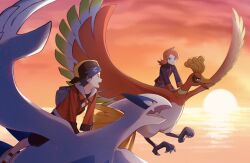  2boys backwards_hat black_hair black_pants black_shirt capri_pants commentary_request ethan_(pokemon) flying hat highres ho-oh jacket lugia male_focus multiple_boys open_mouth outdoors pants pokemon pokemon_(creature) pokemon_heartgold_and_soulsilver pom_107 red_hair red_jacket riding riding_pokemon shirt shoes silver_(pokemon) sun sunset twilight water 