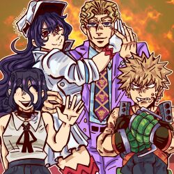  2boys 2girls angry artist_name bakugou_katsuki bambietta_basterbine belt black_belt black_gloves black_pants black_ribbon black_shirt bleach bleach:_sennen_kessen-hen blonde_hair blue_eyes blue_necktie blue_shirt boku_no_hero_academia breasts chainsaw_man closed_eyes closed_mouth crossed_arms demonhonho diamond_wa_kudakenai explosion explosion_background gloves hair_between_eyes hair_slicked_back hand_on_another's_cheek hand_on_another's_face hat highres jacket jojo_no_kimyou_na_bouken kira_yoshikage long_hair medium_breasts military_hat military_jacket multiple_boys multiple_girls muscular muscular_male neck_ribbon necktie open_mouth outline pants peaked_cap pleated_skirt purple_hair purple_jacket purple_pants purple_suit red_eyes reze_(chainsaw_man) ribbon shirt short_hair skirt sleeveless sleeveless_shirt smile spiky_hair suit thigh-highs trait_connection very_long_hair waving white_hat white_jacket white_outline white_shirt white_skirt white_thighhighs zettai_ryouiki 