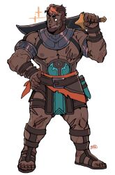  1boy absurdres beard belt belt_buckle brown_belt brown_eyes brown_hair buckle chinstrap_beard commentary dark-skinned_male dark_skin english_commentary facial_hair fire_emblem fire_emblem:_fortune's_weave full_body graysheartart guzran_(fire_emblem) hand_on_own_hip highres large_pectorals looking_to_the_side male_focus multicolored_hair multiple_scars muscular muscular_male nipples orange_hair over_shoulder pectorals scar scar_on_arm scar_on_chest scar_on_face scar_on_leg short_hair simple_background solo sparkle standing sword sword_over_shoulder two-tone_hair weapon weapon_over_shoulder white_background 