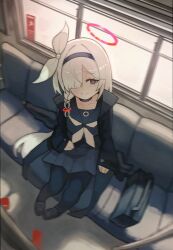  bag black_eyes black_hairband black_sailor_collar black_shirt black_skirt blue_archive bow braid commentary from_above hairband halo highres jacket long_hair long_sleeves one_eye_covered open_clothes open_jacket plana_(blue_archive) promodaa sailor_collar shirt short_braid shoulder_bag single_braid sitting skirt smile thigh-highs train_interior umbrella white_bow white_hair 
